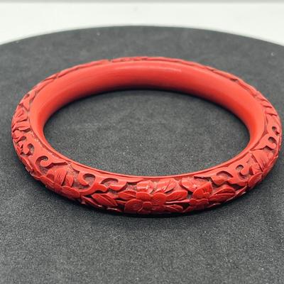 LOT 47: Vintage Carved Chinese Cinnabar Bracelets, Medallion, Pin and Trinket Box