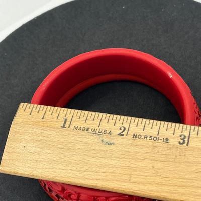 LOT 47: Vintage Carved Chinese Cinnabar Bracelets, Medallion, Pin and Trinket Box