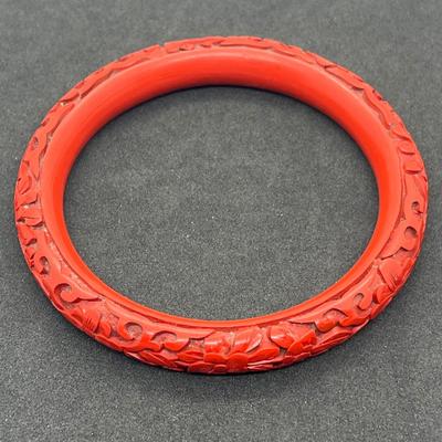LOT 47: Vintage Carved Chinese Cinnabar Bracelets, Medallion, Pin and Trinket Box