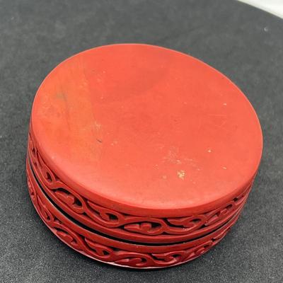 LOT 47: Vintage Carved Chinese Cinnabar Bracelets, Medallion, Pin and Trinket Box