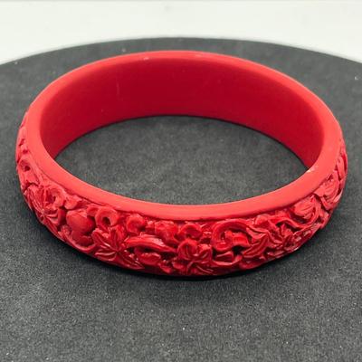 LOT 47: Vintage Carved Chinese Cinnabar Bracelets, Medallion, Pin and Trinket Box