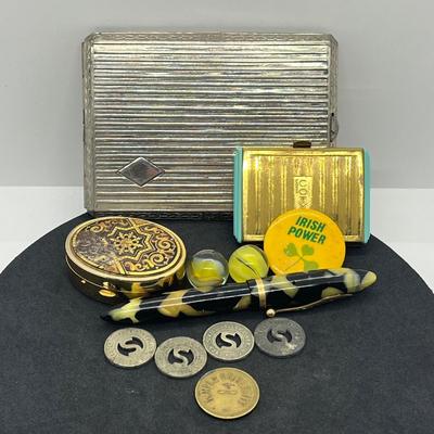 LOT 54: Fun Odds and Ends: Vintage Cigarette Case, Pen, Marbles, Trinket Box and More