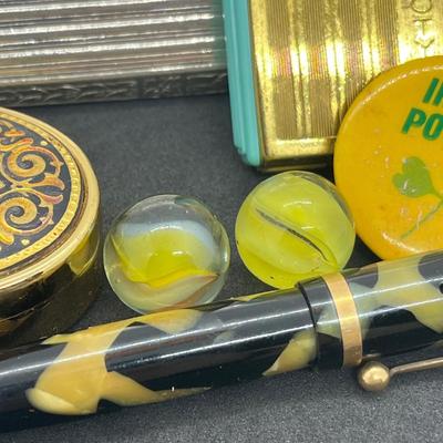 LOT 54: Fun Odds and Ends: Vintage Cigarette Case, Pen, Marbles, Trinket Box and More
