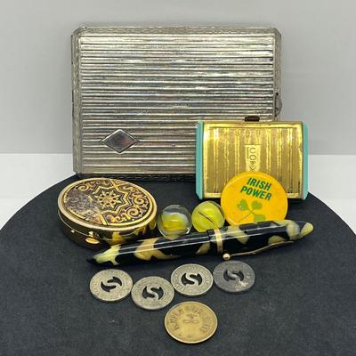 LOT 54: Fun Odds and Ends: Vintage Cigarette Case, Pen, Marbles, Trinket Box and More