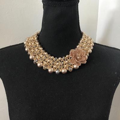 Beautiful, crystal gold tone, flower, and bead bib necklace