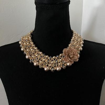 Beautiful, crystal gold tone, flower, and bead bib necklace