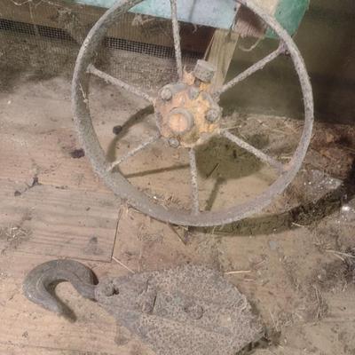 Vintage Metal Wheelbarrow Wheel and Pulley with Hook