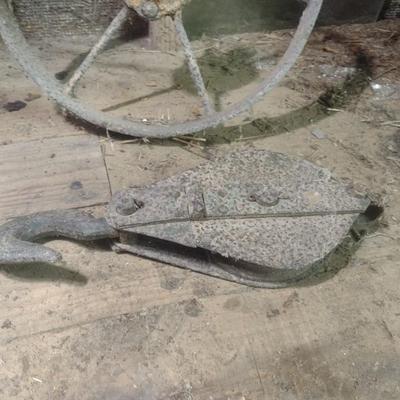 Vintage Metal Wheelbarrow Wheel and Pulley with Hook
