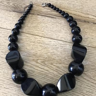 Big chunky jet black bead statement collar necklace