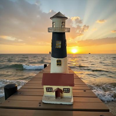 Sale Photo Thumbnail #203: Wooden Lighthouse with red roof house  12" tall