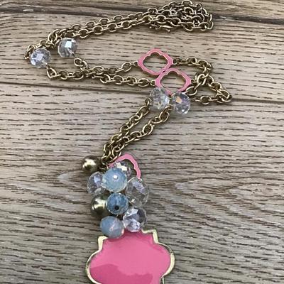 Beautiful pink enamel, crystal moonstone, gold tone, fashion, statement, necklace