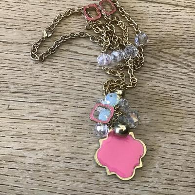 Beautiful pink enamel, crystal moonstone, gold tone, fashion, statement, necklace