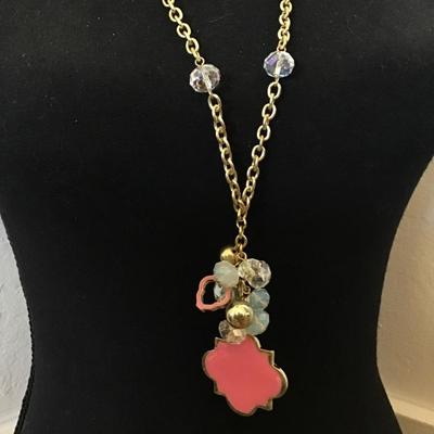 Beautiful pink enamel, crystal moonstone, gold tone, fashion, statement, necklace