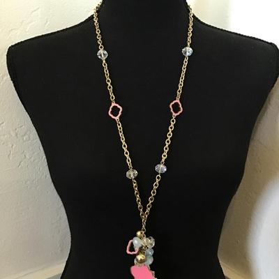 Beautiful pink enamel, crystal moonstone, gold tone, fashion, statement, necklace