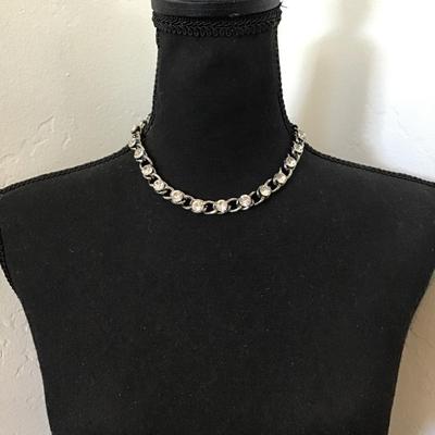 Gun metal, gray rhinestone, metal chain collar necklace