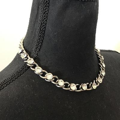 Gun metal, gray rhinestone, metal chain collar necklace