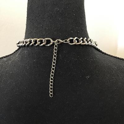 Gun metal, gray rhinestone, metal chain collar necklace