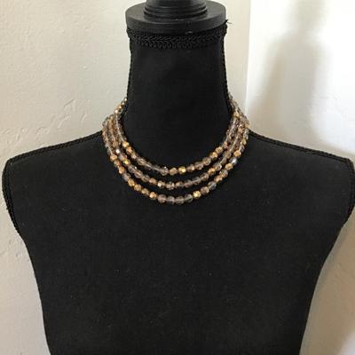 Beautiful Vintage gold and smoky, faceted, crystal or glass bead, multistrand statement, necklace