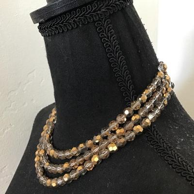 Beautiful Vintage gold and smoky, faceted, crystal or glass bead, multistrand statement, necklace
