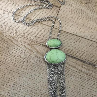 Lime, green stone, Silver tone tassel statement necklace very nice