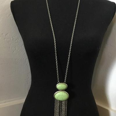 Lime, green stone, Silver tone tassel statement necklace very nice