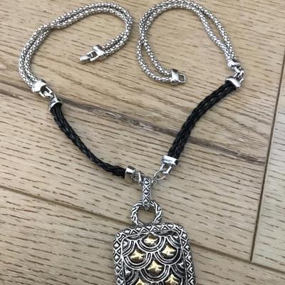Very nice silver tone, cable, chain and braided leather, gold and silver tone, pendant , necklace