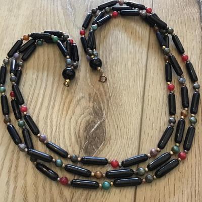 Very nice vintage Black and multicolored bead, multi strand necklace