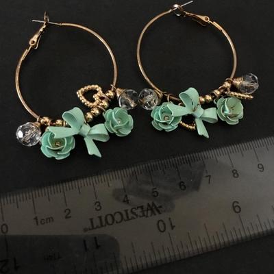 Super cute Gold tone, hoop, earrings, enamel, mint, green, charm earrings