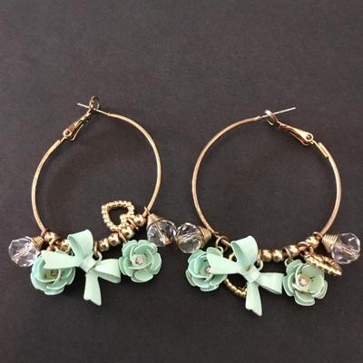 Super cute Gold tone, hoop, earrings, enamel, mint, green, charm earrings