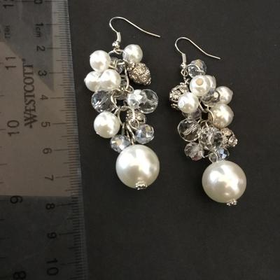Beautiful, crystal, silver toned, faux, pearl dangle earrings