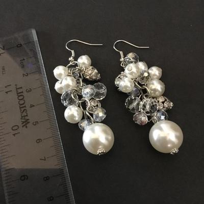 Beautiful, crystal, silver toned, faux, pearl dangle earrings