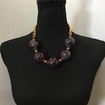 Big chunky gold tone, purple bead statement, necklace