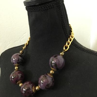 Big chunky gold tone, purple bead statement, necklace