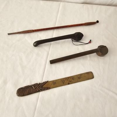 Japanese Brass Yatate Ink Pots, Kiseru Pipe & Meiji Era-Style Letter Opener (DR-JS)