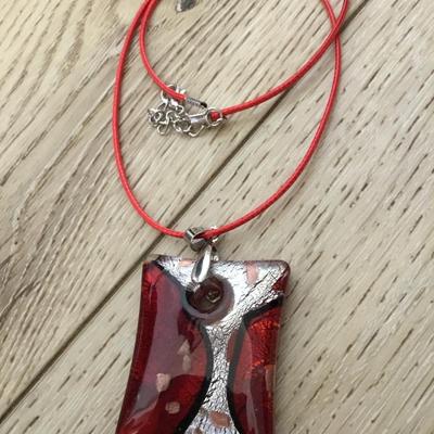 18 karat gold, plated Large red art glass pendant