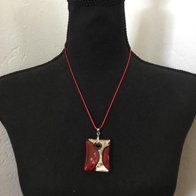 18 karat gold, plated Large red art glass pendant