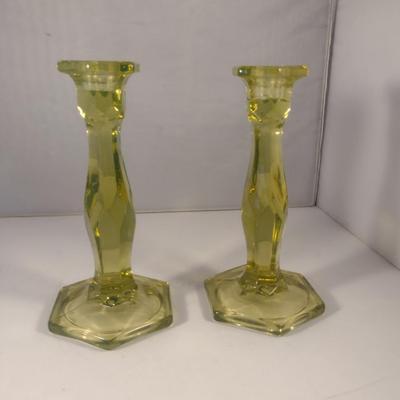 Sale Photo Thumbnail #733: Pair of Uranium Glass Candle Stick Holders- Approx 8 1/2" Tall