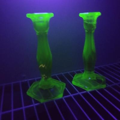 Sale Photo Thumbnail #739: Pair of Uranium Glass Candle Stick Holders- Approx 8 1/2" Tall