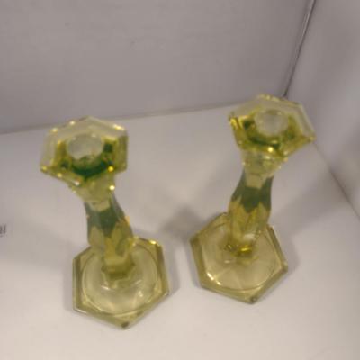 Sale Photo Thumbnail #735: Pair of Uranium Glass Candle Stick Holders- Approx 8 1/2" Tall
