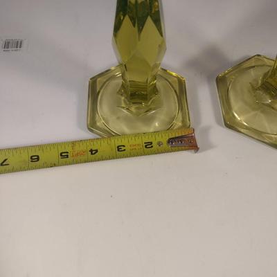 Sale Photo Thumbnail #738: Pair of Uranium Glass Candle Stick Holders- Approx 8 1/2" Tall