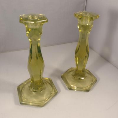 Sale Photo Thumbnail #736: Pair of Uranium Glass Candle Stick Holders- Approx 8 1/2" Tall