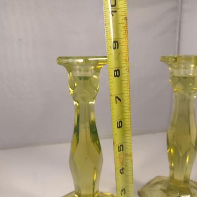 Sale Photo Thumbnail #737: Pair of Uranium Glass Candle Stick Holders- Approx 8 1/2" Tall