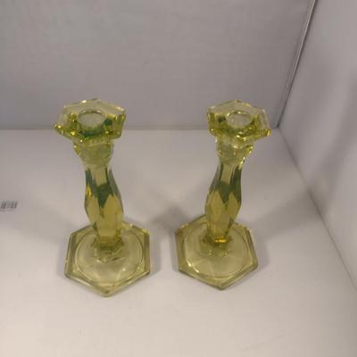 Sale Photo Thumbnail #734: Pair of Uranium Glass Candle Stick Holders- Approx 8 1/2" Tall