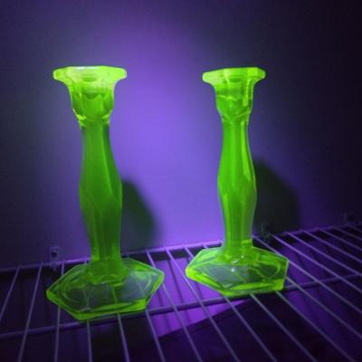 Sale Photo Thumbnail #741: Pair of Uranium Glass Candle Stick Holders- Approx 8 1/2" Tall