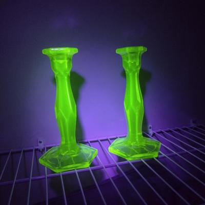 Sale Photo Thumbnail #742: Pair of Uranium Glass Candle Stick Holders- Approx 8 1/2" Tall