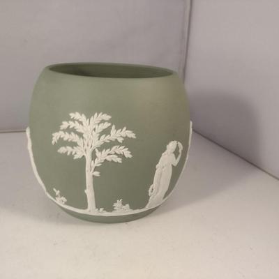 Sale Photo Thumbnail #757: Vintage Wedgwood Jasperware Sage Green Cookie/Biscuit Jar with Lid- Approx 6 1/2" Tall.  Marked 1956.