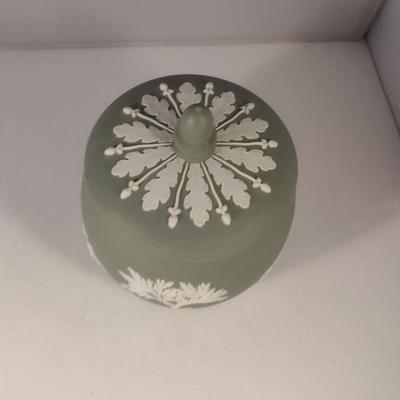 Sale Photo Thumbnail #754: Vintage Wedgwood Jasperware Sage Green Cookie/Biscuit Jar with Lid- Approx 6 1/2" Tall.  Marked 1956.