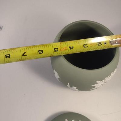 Sale Photo Thumbnail #762: Vintage Wedgwood Jasperware Sage Green Cookie/Biscuit Jar with Lid- Approx 6 1/2" Tall.  Marked 1956.