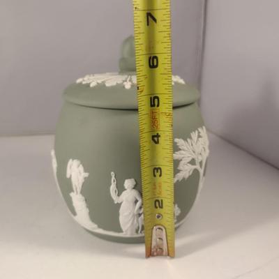Sale Photo Thumbnail #764: Vintage Wedgwood Jasperware Sage Green Cookie/Biscuit Jar with Lid- Approx 6 1/2" Tall.  Marked 1956.