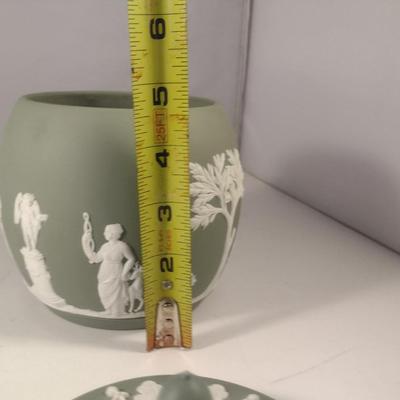 Sale Photo Thumbnail #763: Vintage Wedgwood Jasperware Sage Green Cookie/Biscuit Jar with Lid- Approx 6 1/2" Tall.  Marked 1956.